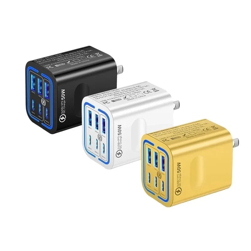 50W Multi-Port USB Fast Charger - Black + White + Yellow